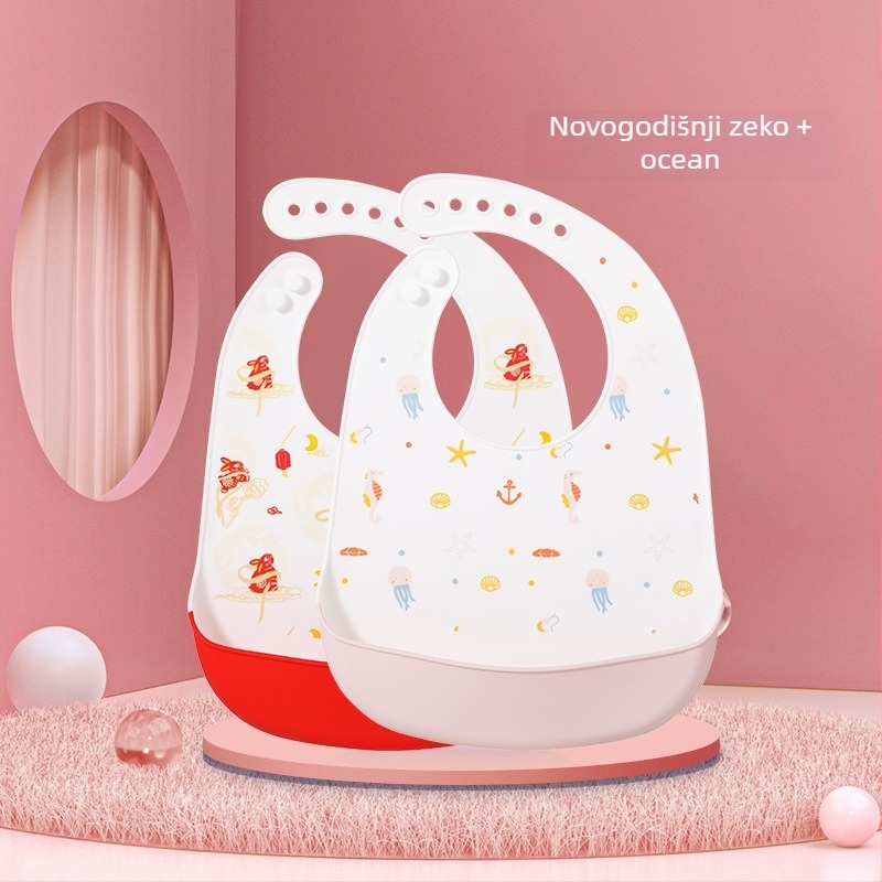 Silikonska baveta za bebe — vodootporna, silikonski materijal za hranu, uzorak životinja/crtan, pogodno za djecu od 0 do 6 godina