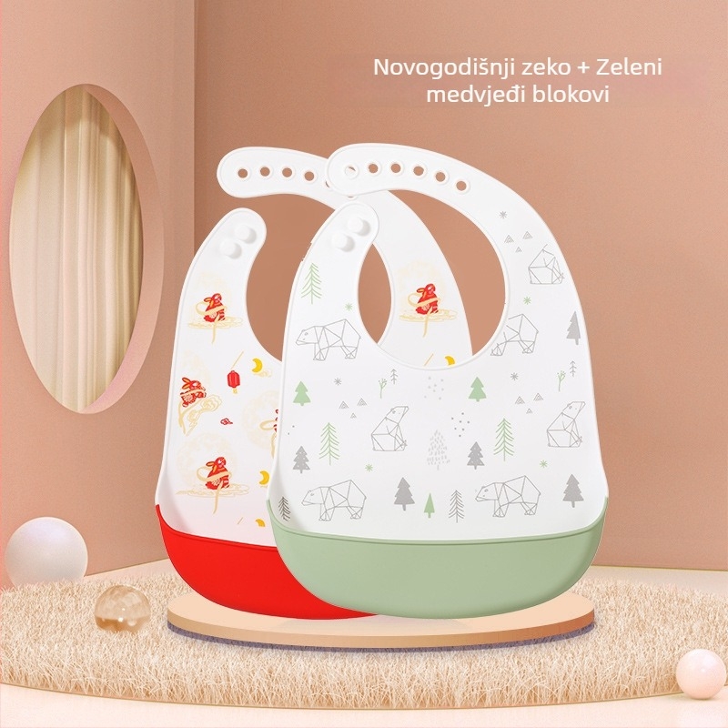 Silikonska baveta za bebe — vodootporna, silikonski materijal za hranu, uzorak životinja/crtan, pogodno za djecu od 0 do 6 godina