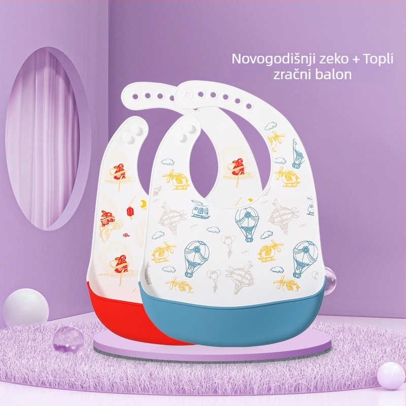 Silikonska baveta za bebe — vodootporna, silikonski materijal za hranu, uzorak životinja/crtan, pogodno za djecu od 0 do 6 godina