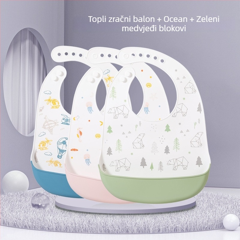 Silikonska baveta za bebe — vodootporna, silikonski materijal za hranu, uzorak životinja/crtan, pogodno za djecu od 0 do 6 godina