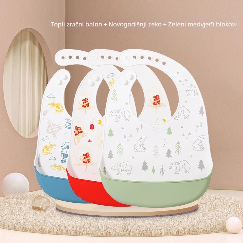 Silikonska baveta za bebe — vodootporna, silikonski materijal za hranu, uzorak životinja/crtan, pogodno za djecu od 0 do 6 godina