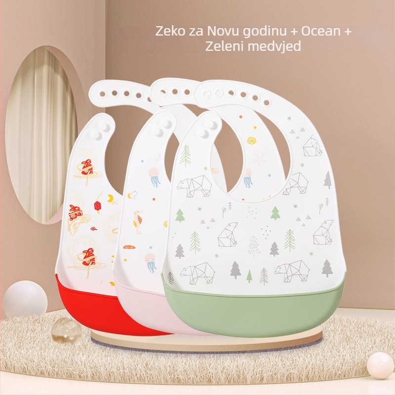 Silikonska baveta za bebe — vodootporna, silikonski materijal za hranu, uzorak životinja/crtan, pogodno za djecu od 0 do 6 godina