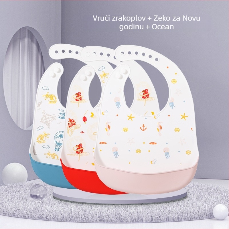 Silikonska baveta za bebe — vodootporna, silikonski materijal za hranu, uzorak životinja/crtan, pogodno za djecu od 0 do 6 godina