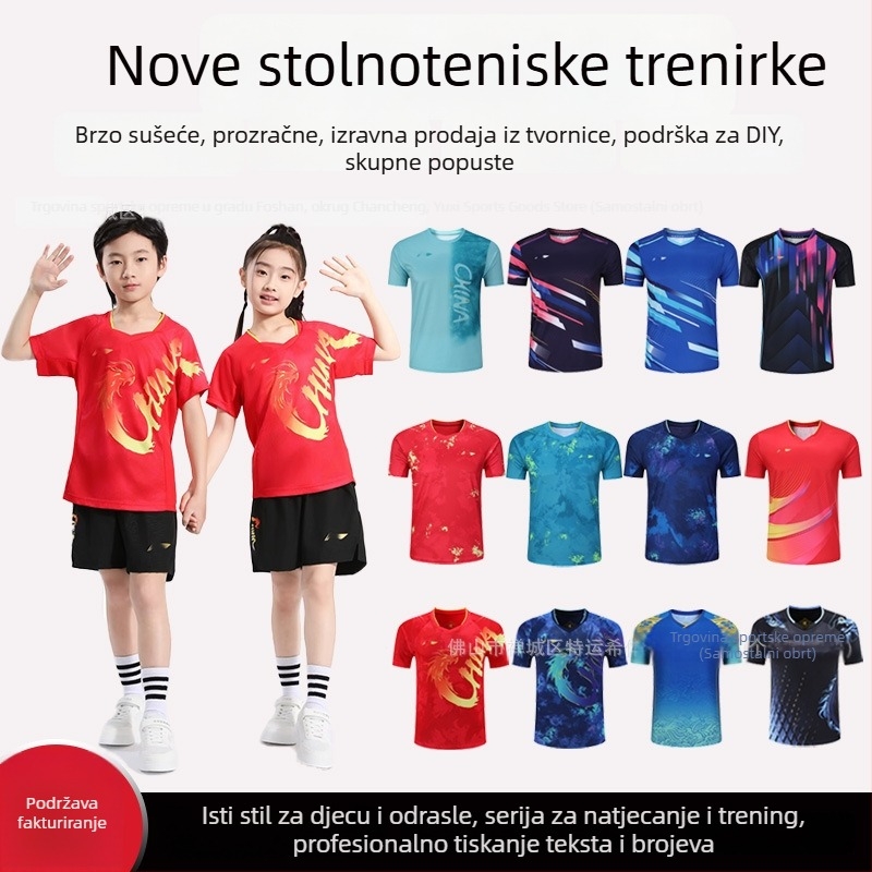 Set za stolni tenis s kratkim rukavima – Unisex, brzo sušeći poliester, 95–100% poliester, proljeće–jesen, za odrasle i djecu