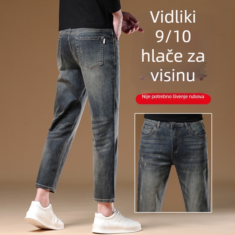 Muške skraćene ravne traperice, srednji pojas, zip, pamuk-poliester-elastan smjesa, mikroelastičnost, stonewashed