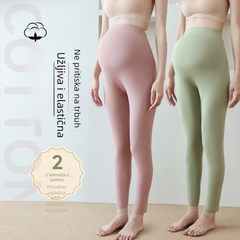 Trudničke pamučne termalne hlače, 90–95% pamuk, podrška trbuhu, srednje debljine, jesen-zima 2025, uski kroj