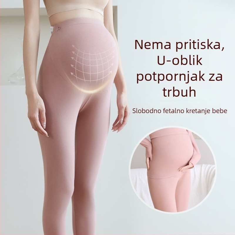 Trudničke pamučne termalne hlače, 90–95% pamuk, podrška trbuhu, srednje debljine, jesen-zima 2025, uski kroj