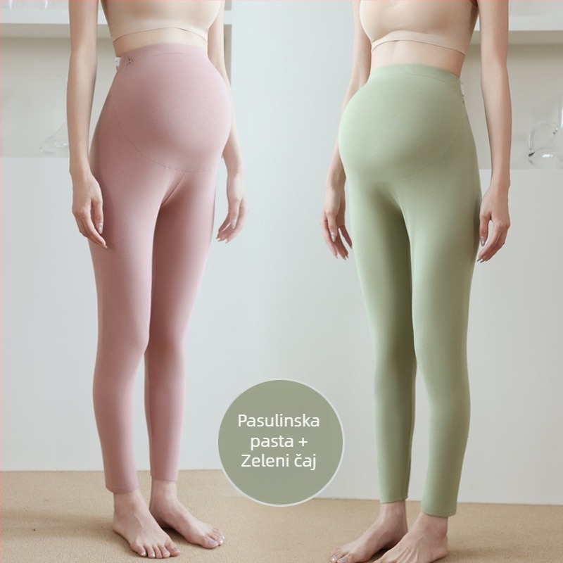 Trudničke pamučne termalne hlače, 90–95% pamuk, podrška trbuhu, srednje debljine, jesen-zima 2025, uski kroj