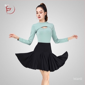 Latino plesni trening set (top s polu rukav i suknja s velikim swingom) – proljeće 2025, PVC tkanina, do 30% sadržaja, kineski stil, književno retro dizajn