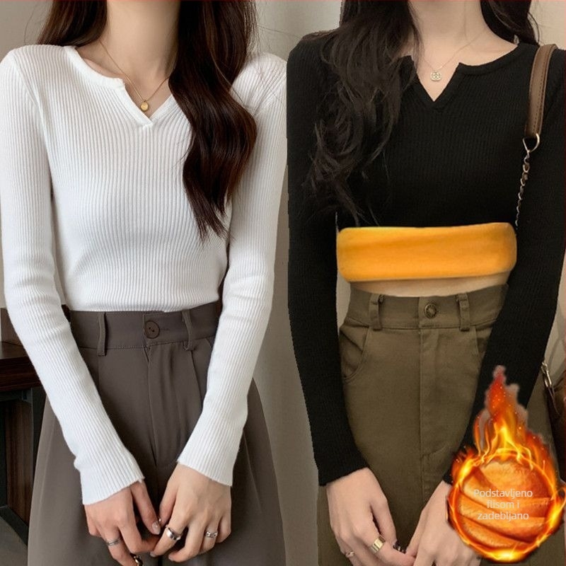 Ženska pletena bluza s flis podlogom, V izrez, oversize, jednobojna, jesen-zima