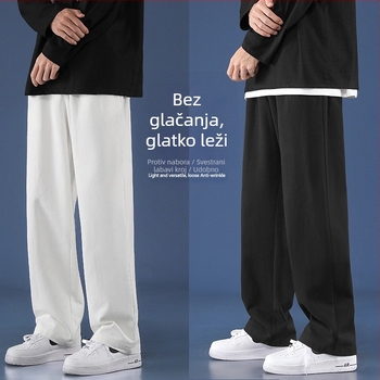 Muške casual hlače, udoban ravne kroja, srednji struk s remenom, prozračna pamuk, jednofarban uzorak, korejski stil osnovno
