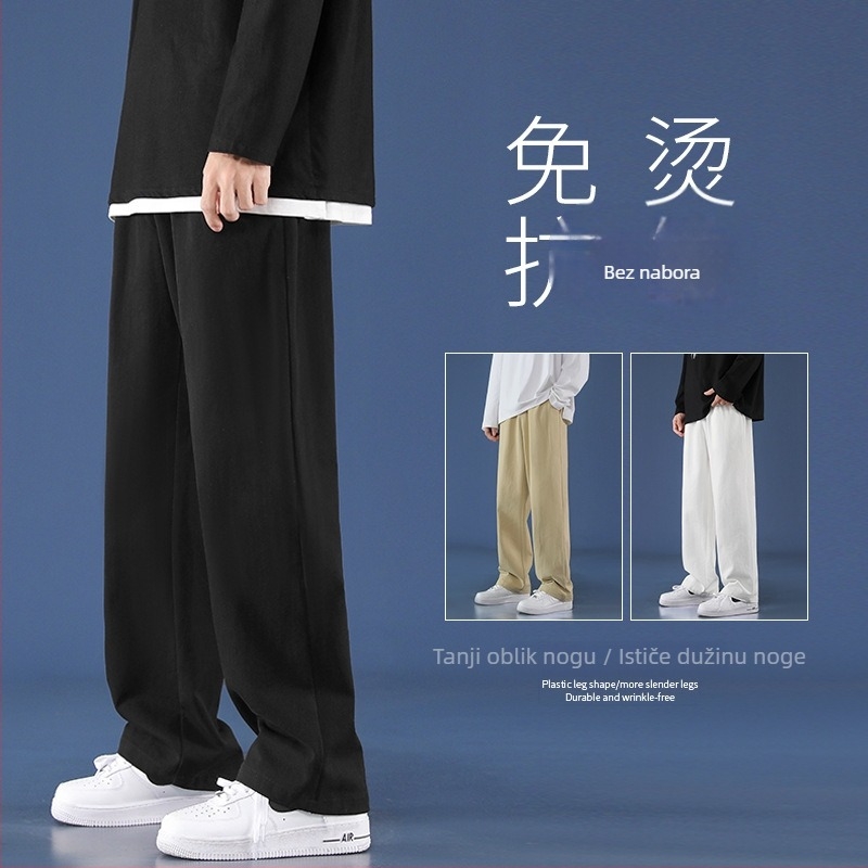 Muške casual hlače, udoban ravne kroja, srednji struk s remenom, prozračna pamuk, jednofarban uzorak, korejski stil osnovno