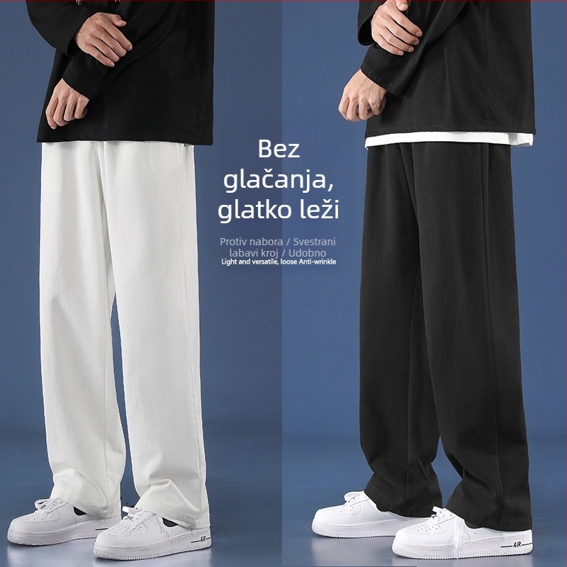 Muške casual hlače, udoban ravne kroja, srednji struk s remenom, prozračna pamuk, jednofarban uzorak, korejski stil osnovno