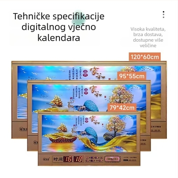 Pravokutni zidni sat s metalnim okvirom i LED brojčanim prikazom, vječni kalendar, 24 sunčana razdoblja, termometar