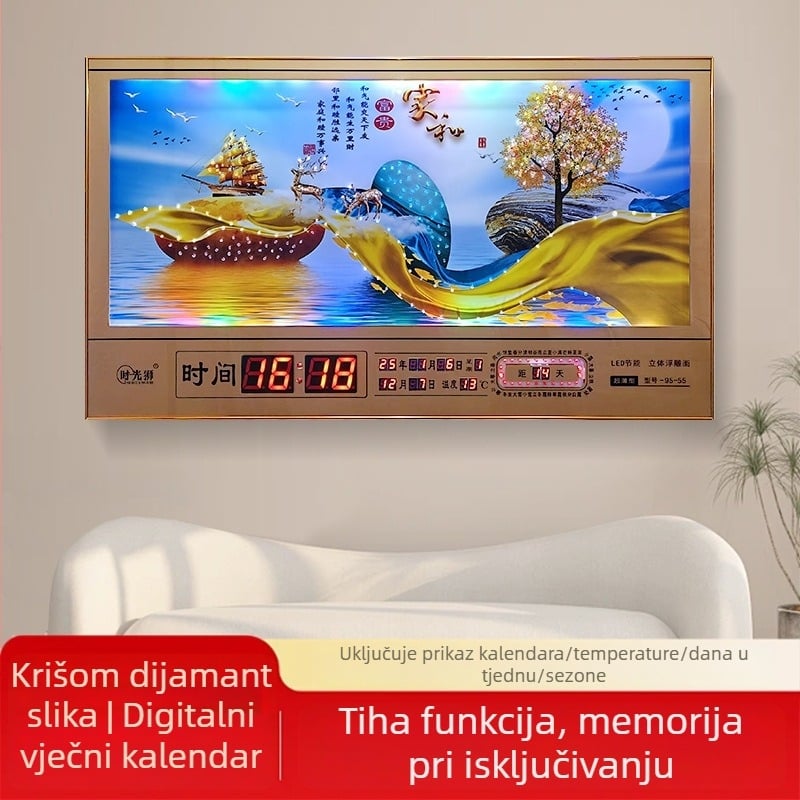 Pravokutni zidni sat s metalnim okvirom i LED brojčanim prikazom, vječni kalendar, 24 sunčana razdoblja, termometar