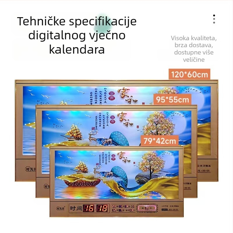 Pravokutni zidni sat s metalnim okvirom i LED brojčanim prikazom, vječni kalendar, 24 sunčana razdoblja, termometar