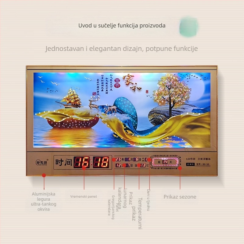 Pravokutni zidni sat s metalnim okvirom i LED brojčanim prikazom, vječni kalendar, 24 sunčana razdoblja, termometar