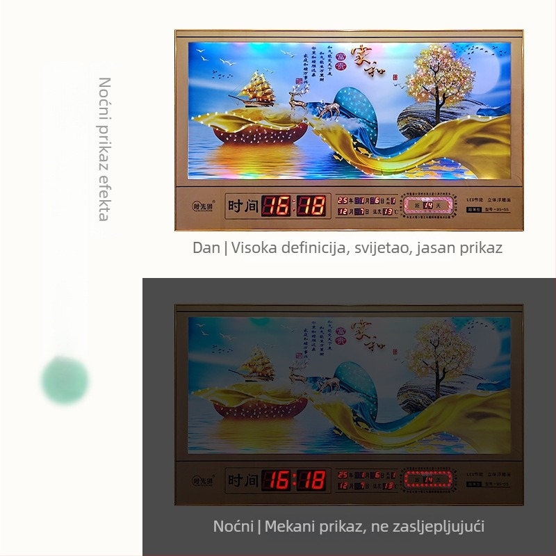 Pravokutni zidni sat s metalnim okvirom i LED brojčanim prikazom, vječni kalendar, 24 sunčana razdoblja, termometar