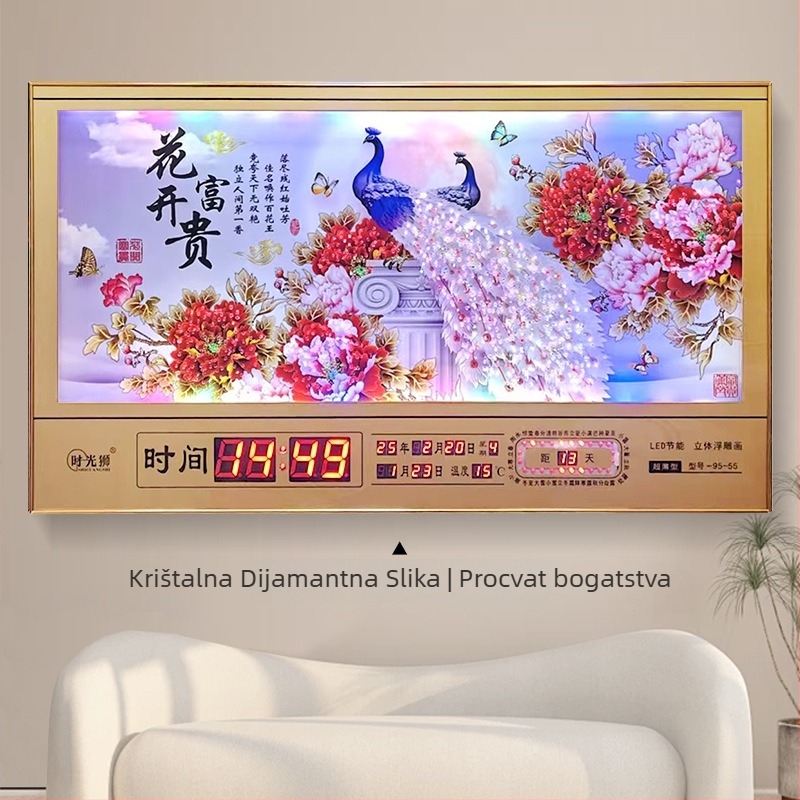 Pravokutni zidni sat s metalnim okvirom i LED brojčanim prikazom, vječni kalendar, 24 sunčana razdoblja, termometar