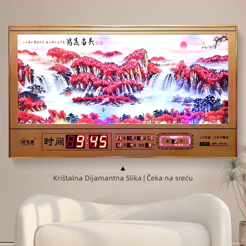 Pravokutni zidni sat s metalnim okvirom i LED brojčanim prikazom, vječni kalendar, 24 sunčana razdoblja, termometar