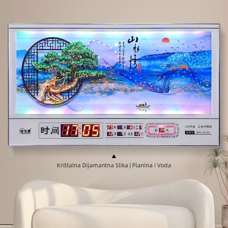 Pravokutni zidni sat s metalnim okvirom i LED brojčanim prikazom, vječni kalendar, 24 sunčana razdoblja, termometar