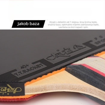 Raketa za stolni tenis s dvostrukom anti-prijanjajućom gumom, baza od topole, vodoravna drška, prilagodba obrade i tiskani logotip.