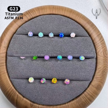 Unisex geometrijski opalni naušnice od titanijske legure F136, polirane, unutarnji navoj za usne/ucho