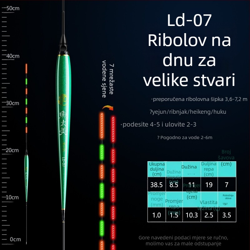 Elektronički plovak za ribolov sa svjetlom, indikator zagriza, mijenja boju, kratke noge, vitko tijelo, za dnevno i noćno ribarenje