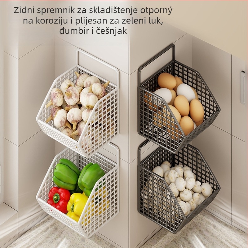 Fan lilin Zidni kuhinjski koš za skladištenje luka, đumbira i češnjaka — metalni umjetnički materijal, višenamjenski organizator začina, Model 2111749679531788672