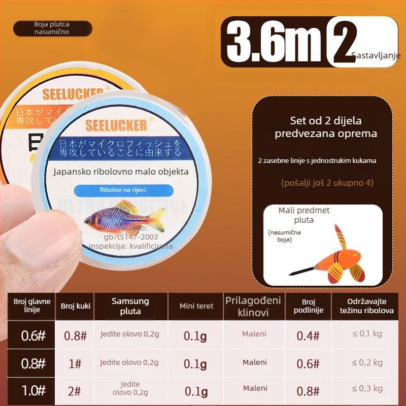 Set ribolovne linije za potok s brzim otpuštanjem rotirajućeg plovka i unaprijed zavezanih udica – karbonsko-plastična žica, 1 m dužine
