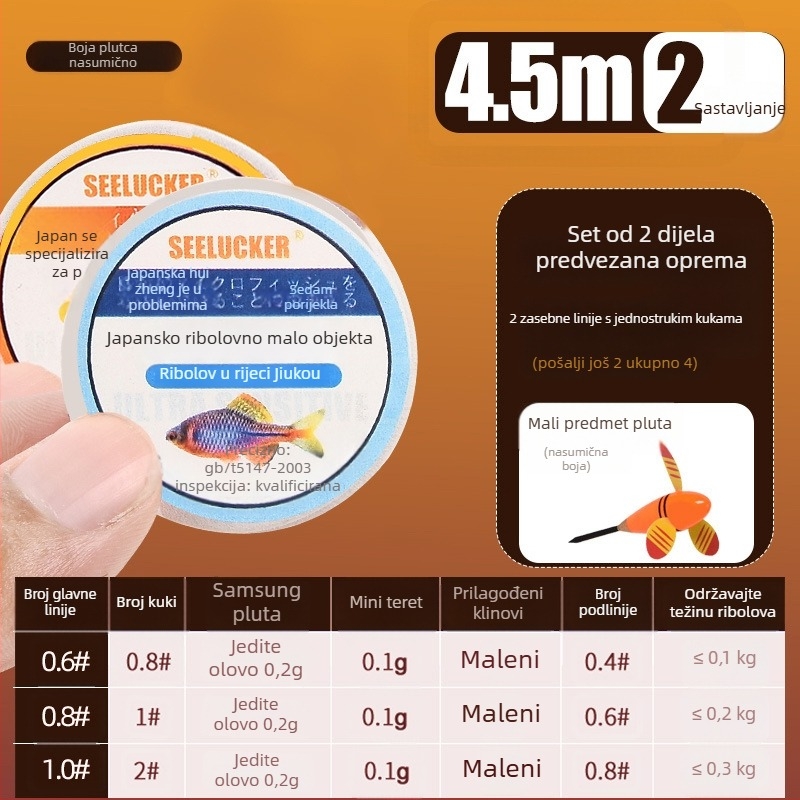Set ribolovne linije za potok s brzim otpuštanjem rotirajućeg plovka i unaprijed zavezanih udica – karbonsko-plastična žica, 1 m dužine