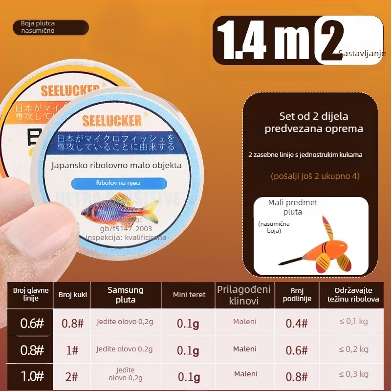 Set ribolovne linije za potok s brzim otpuštanjem rotirajućeg plovka i unaprijed zavezanih udica – karbonsko-plastična žica, 1 m dužine