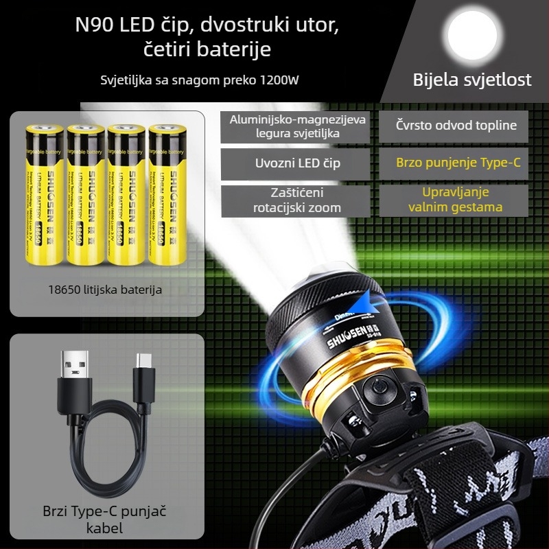 Prijenosna čelna LED svjetiljka za noćni ribolov, s 18650 baterijom, domet 200–500 m, trajanje rada 2–10 sati