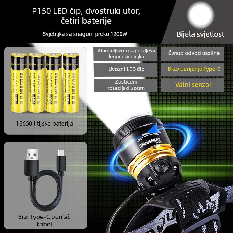Prijenosna čelna LED svjetiljka za noćni ribolov, s 18650 baterijom, domet 200–500 m, trajanje rada 2–10 sati