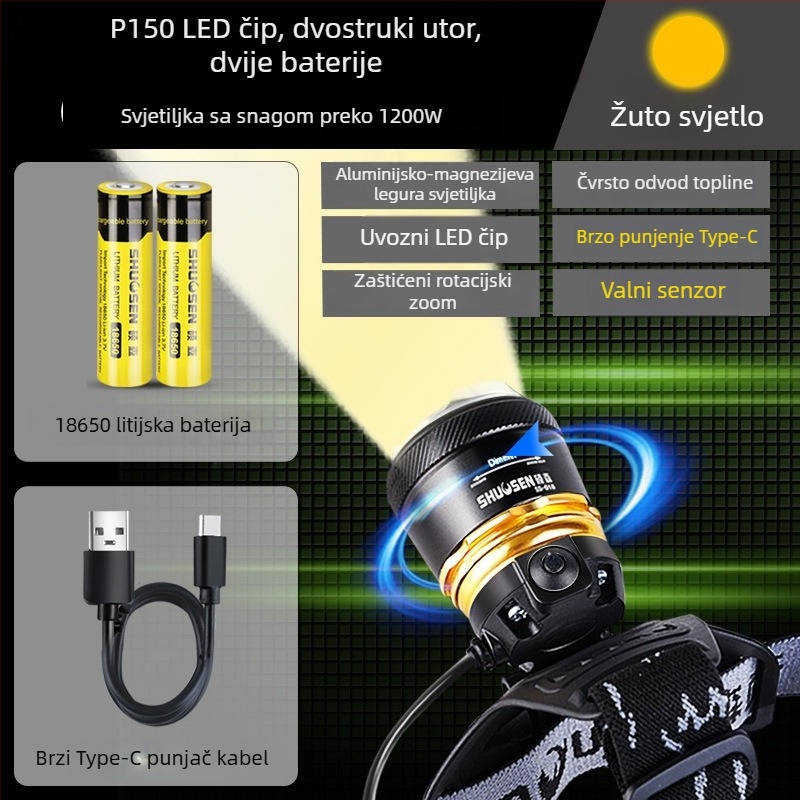 Prijenosna čelna LED svjetiljka za noćni ribolov, s 18650 baterijom, domet 200–500 m, trajanje rada 2–10 sati