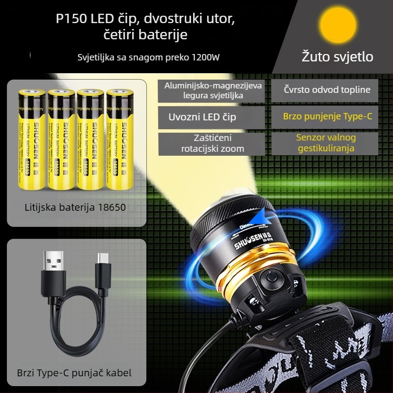 Prijenosna čelna LED svjetiljka za noćni ribolov, s 18650 baterijom, domet 200–500 m, trajanje rada 2–10 sati