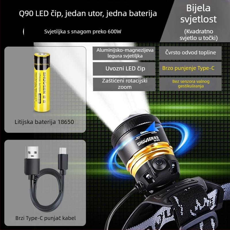 Prijenosna čelna LED svjetiljka za noćni ribolov, s 18650 baterijom, domet 200–500 m, trajanje rada 2–10 sati