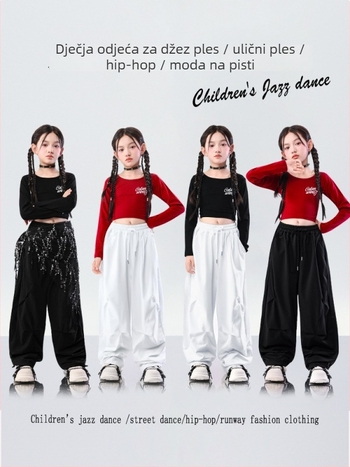 Dječji set za jazz ples u uličnoj modi — crop top za djevojčice, 95% pamuk, mekana obrada tkanine, od 8 godina, proljeće–jesen