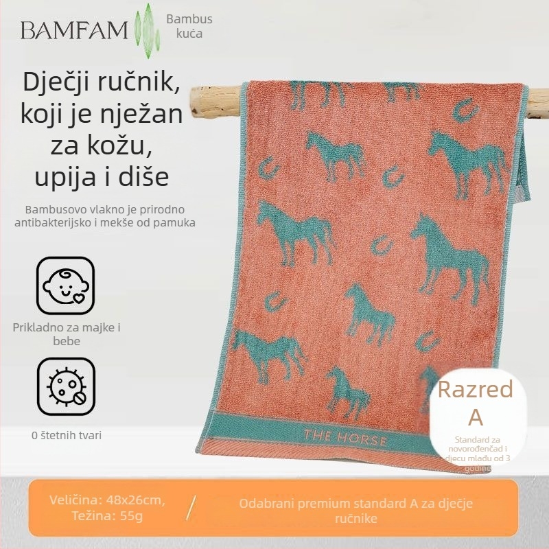 Dječji ručnik za lice od bambusovih vlakana – Jacquard, 55 g, upijanje znoja 5–10 s, crtani dizajn