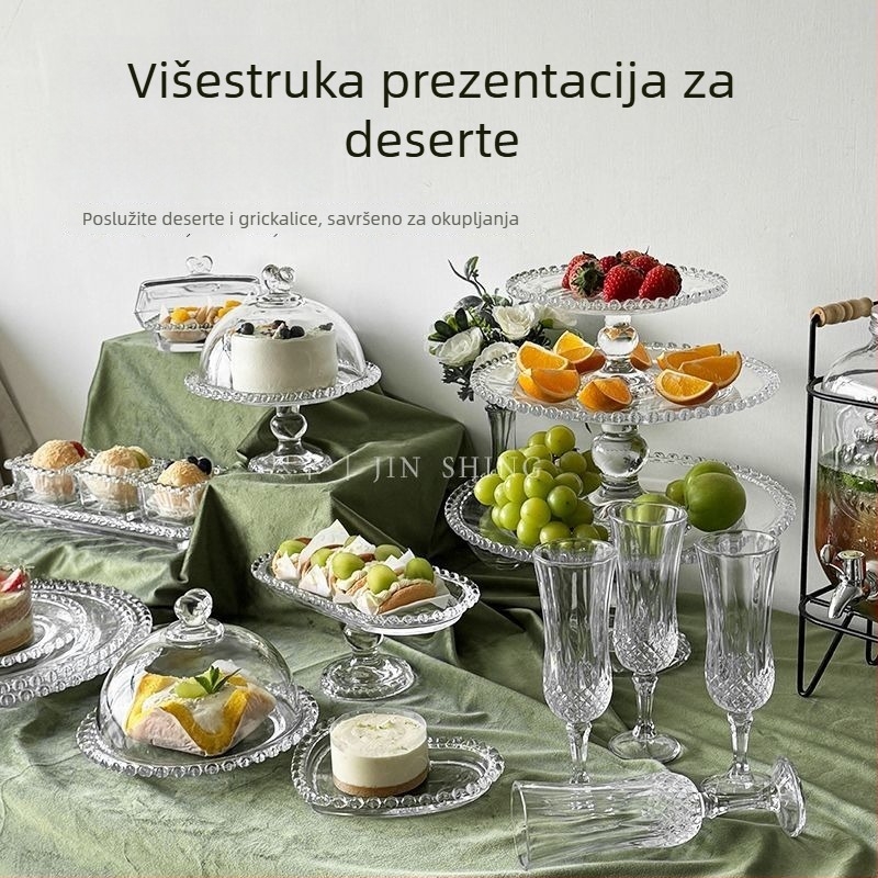 Qianka Staklena posuda za voće i deserte, okrugli oblik, površina s intarziranom ukrašbom, francuski stil