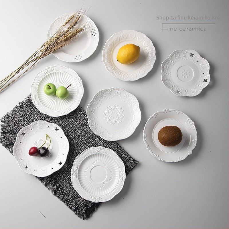 Porcelanski okrugli tanjur za torte i dim sum, europskog stila reljef, podglazurno bojanje, mikrovalna sigurnost, prilagodljivo