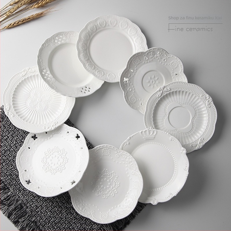 Porcelanski okrugli tanjur za torte i dim sum, europskog stila reljef, podglazurno bojanje, mikrovalna sigurnost, prilagodljivo