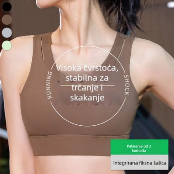 Ženski sportski grudnjak s jednoplošnim fiksnim jastučićem, glavni materijal najlon, podstava od spandeksa (30–50%), bez naramenica, trokutasti košarica, srednji oblik, upija znoj, za trčanje i jogu