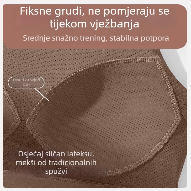 Ženski sportski grudnjak s jednoplošnim fiksnim jastučićem, glavni materijal najlon, podstava od spandeksa (30–50%), bez naramenica, trokutasti košarica, srednji oblik, upija znoj, za trčanje i jogu