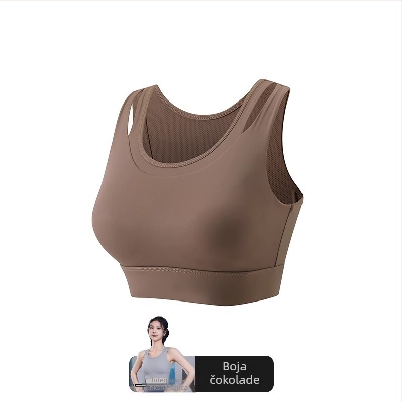 Ženski sportski grudnjak s jednoplošnim fiksnim jastučićem, glavni materijal najlon, podstava od spandeksa (30–50%), bez naramenica, trokutasti košarica, srednji oblik, upija znoj, za trčanje i jogu