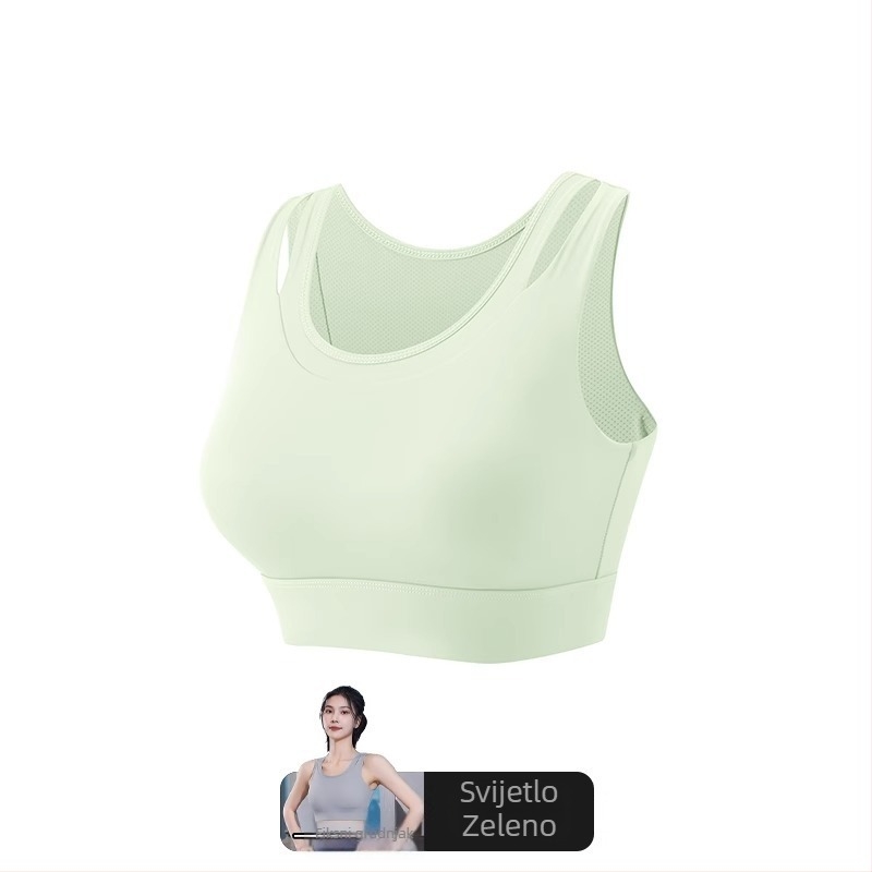 Ženski sportski grudnjak s jednoplošnim fiksnim jastučićem, glavni materijal najlon, podstava od spandeksa (30–50%), bez naramenica, trokutasti košarica, srednji oblik, upija znoj, za trčanje i jogu