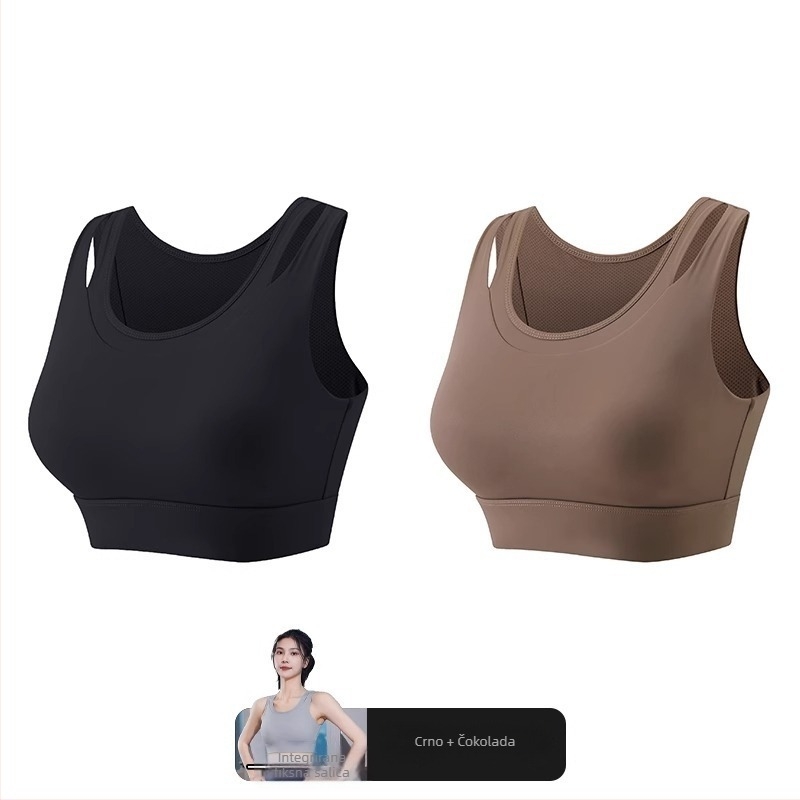 Ženski sportski grudnjak s jednoplošnim fiksnim jastučićem, glavni materijal najlon, podstava od spandeksa (30–50%), bez naramenica, trokutasti košarica, srednji oblik, upija znoj, za trčanje i jogu
