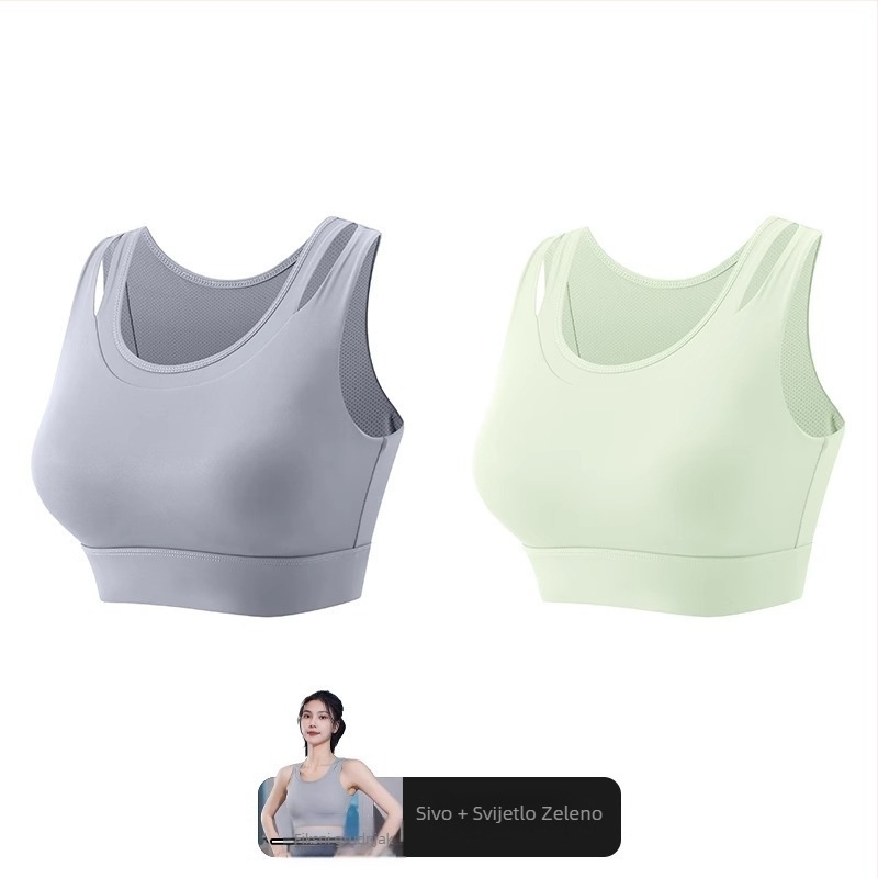 Ženski sportski grudnjak s jednoplošnim fiksnim jastučićem, glavni materijal najlon, podstava od spandeksa (30–50%), bez naramenica, trokutasti košarica, srednji oblik, upija znoj, za trčanje i jogu