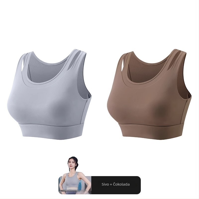 Ženski sportski grudnjak s jednoplošnim fiksnim jastučićem, glavni materijal najlon, podstava od spandeksa (30–50%), bez naramenica, trokutasti košarica, srednji oblik, upija znoj, za trčanje i jogu
