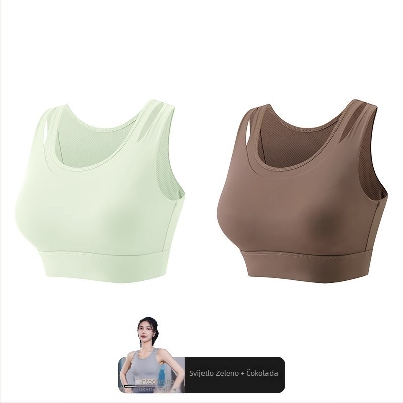 Ženski sportski grudnjak s jednoplošnim fiksnim jastučićem, glavni materijal najlon, podstava od spandeksa (30–50%), bez naramenica, trokutasti košarica, srednji oblik, upija znoj, za trčanje i jogu